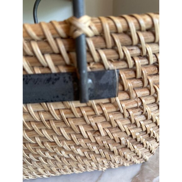 Rigid Heavy Rattan Woven Magazine Basket Metal Handles - Picture 4 of 8
